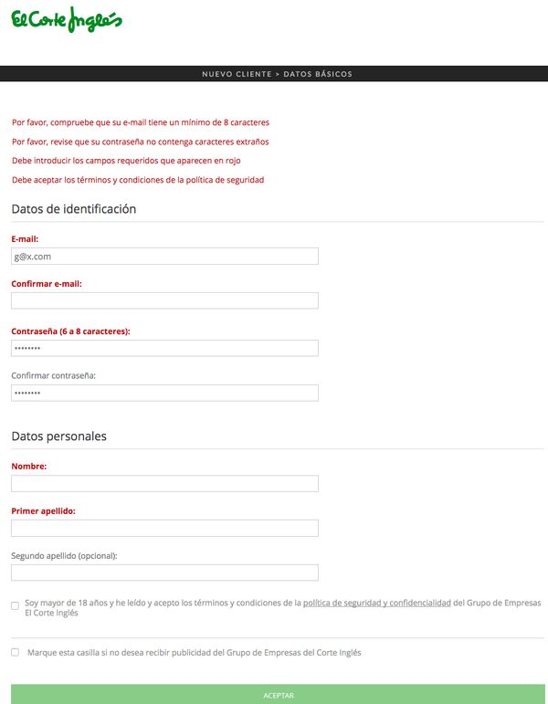 El Corte Ingles dumb password rule screenshot